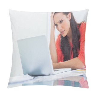 Personality  Confused Designer Looking At Her Laptop Pillow Covers