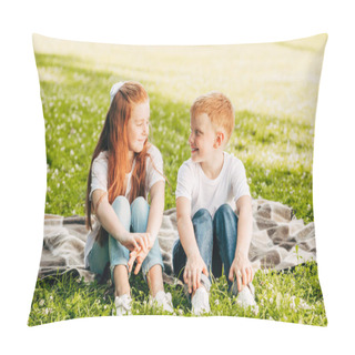Personality  Beautiful Happy Brother And Sister Smiling Each Other While Sitting On Plaid At Picnic In Park Pillow Covers