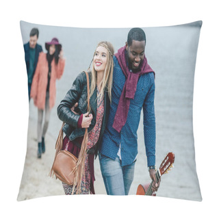 Personality  Young People Having Stroll On Beach Pillow Covers