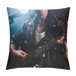 Personality  Partial View Of Male Musician Singing In Microphone And Playing On Electric Guitar On Stage During Rock Concert  Pillow Covers