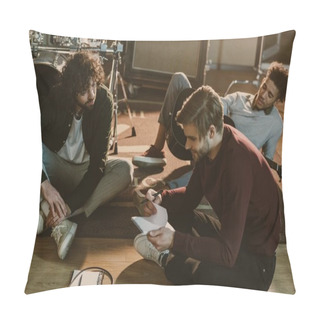 Personality  Young Music Band Writing Lyrics Together While Sitting On Floor Pillow Covers