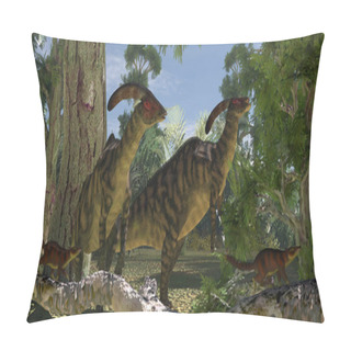 Personality  Two Parasaurolophus Dinosaurs Browse On Foliage Of The Montezuma Cypress Tree As Cronopia Mammals Scrurry To Safety. Pillow Covers