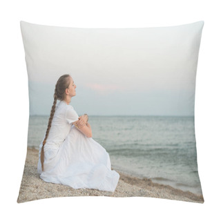 Personality  Young Beautiful Woman Sitting On Sandy Beach Against Sea And Dreams. Keep Calm. Pillow Covers