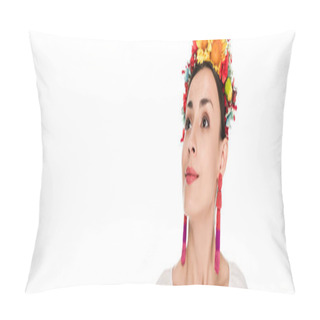 Personality  Brunette Young Woman In National Ukrainian Embroidered Shirt And Floral Wreath Looking Away Isolated On White, Panoramic Shot Pillow Covers