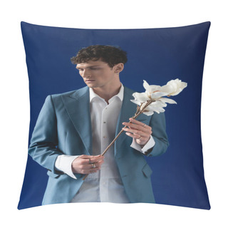 Personality  Brunette Man In Stylish Jacket And Shirt Holding Magnolia Branch Isolated On Navy Blue  Pillow Covers