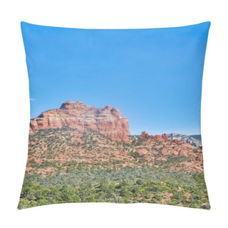 Personality  Breathtaking View Of Vibrant Red Rock Formation Under Clear Blue Sky, Surrounded By Lush Greenery, In Sedona, Arizona, 2016, Depicting Serene Wilderness And Geological Wonders. Pillow Covers