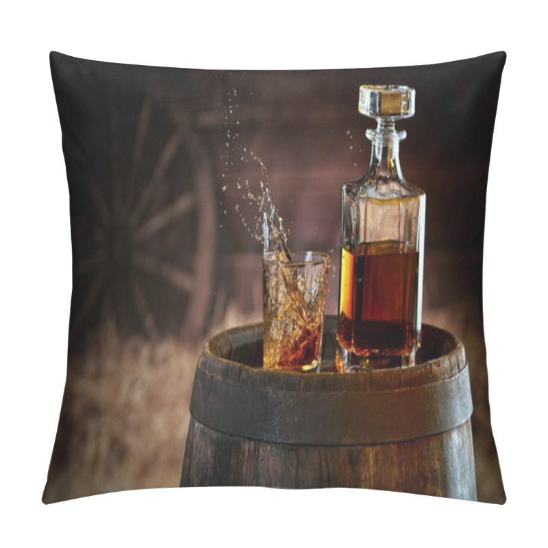 Personality  Freeze Motion Of Ice Cube Falling Into Whisky Shot. Still Life Beverages Background With Free Space Fort Text. Vintage Interior Of Village Barn. Pillow Covers