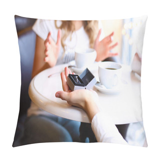 Personality  Young Couple With Engagement Ring In A Restaurant Pillow Covers