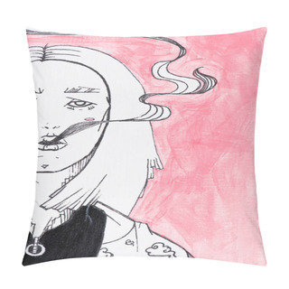 Personality  Close Up View Of Black And White Painting Of Woman With Smoke Coming From Mouth On Pink Background  Pillow Covers