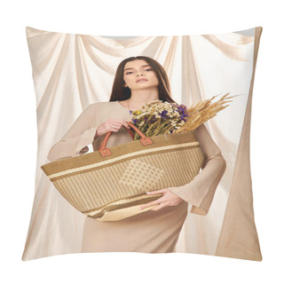 Personality  A Young Woman With Long Brunette Hair, Dressed In A Summer Outfit, Holding A Basket Filled With Colorful Flowers. Pillow Covers