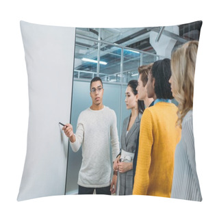 Personality  Young Handsome Man Making Presentation For Group Of Business Partners Pillow Covers