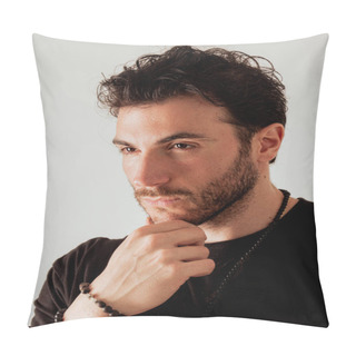 Personality  A Close Up Of A Man Thinking, With Hand On His Chin, In Studio Shot On White Background Pillow Covers