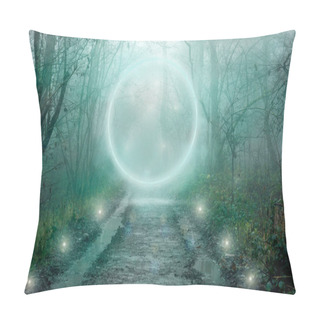 Personality  A Glowing Magical Portal On A Track Going Through A Mysterious Forest. On A Spooky, Foggy Winters Day In The Countryside.  Pillow Covers