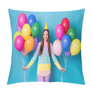Personality  Portrait Of Cheerful Girl Holding In Hands Festal Air Balls Isolated Over Bright Blue Color Background Pillow Covers