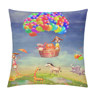 Personality  Animals On A Field And In A Balloon In The Sky Pillow Covers