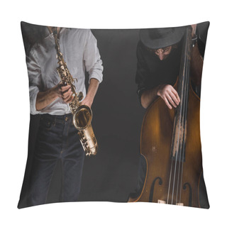 Personality  Duet Of Jazzmen Playign Cello And Sax On Black Pillow Covers