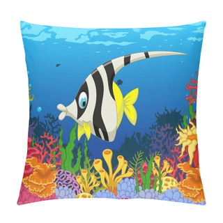 Personality  Funny Black And White Angel Fish Cartoon With Beauty Sea Life Background Pillow Covers