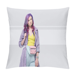 Personality  Beautiful Young Woman In Purple Trench Coat With Waist Pack On Creative Background Pillow Covers