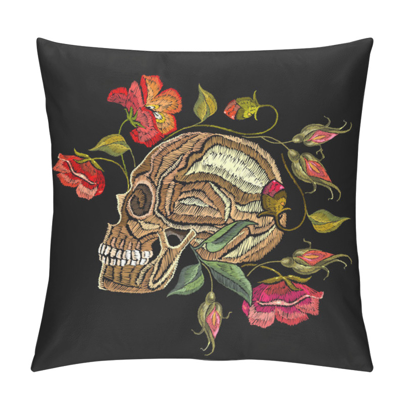 Personality  Embroidery skull and flowers. Gothic romanntic embroidery pillow covers