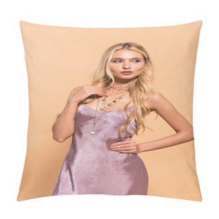 Personality  Elegant Blonde Woman In Violet Satin Dress And Necklace Posing With Hand On Hip Isolated On Beige Pillow Covers