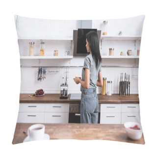 Personality  Selective Focus Of Woman Holding Plate With Toast Bread And Standing In Kitchen  Pillow Covers