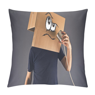 Personality  Man With Cardboard Box On His Head Using Tin Can Telephone Pillow Covers