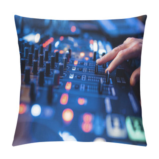 Personality  Sound Operator Hands At The Volume Control Panel In The Recording Studio. Musician At The Mixer, Professional Audio Mixing Pillow Covers
