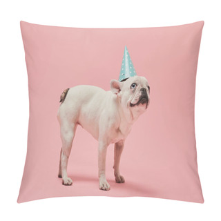 Personality  French Bulldog With Dark Nose With Dark Nose In Blue Birthday Cap On Pink Background Pillow Covers