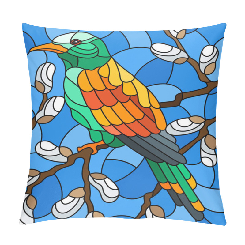 Personality  Illustration in stained glass style with a bright bird on willow branches against the sky pillow covers