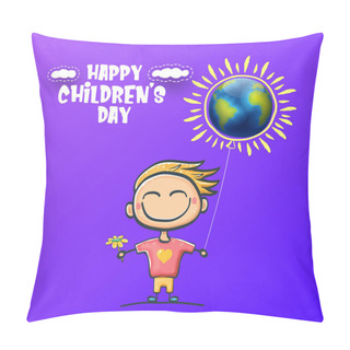 Personality  1 June International Childrens Day Background With Little Funny Boy Holding In Hands Baloon And Fly In Sky. Vector Happy International Childrens Day Poster Concept With Funny Cartoon Smiling Child Pillow Covers