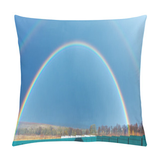 Personality  Beautiful Full Rainbow Above Farm Field At Spring Pillow Covers