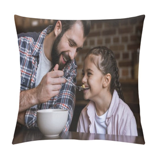 Personality  Cheerful Family At Table, Father Feeding Daughter By Snacks With Milk At Kitchen Pillow Covers