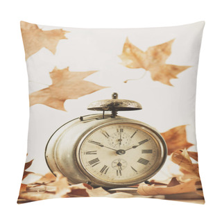 Personality  Closeup Of An Old And Rusty Alarm Clock Surrounded By Dry Leaves, Depicting The End Of The Summer Time And The Beginning Of Autumn Pillow Covers