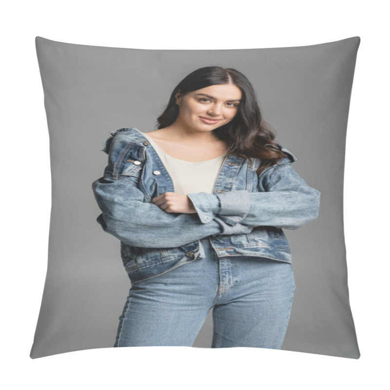 Personality  Alluring Young Woman With Gorgeous Hair Posing With Folded Arms, Standing In Blue Jeans And Denim Jacket And Smiling While Looking At Camera On Grey Background Pillow Covers