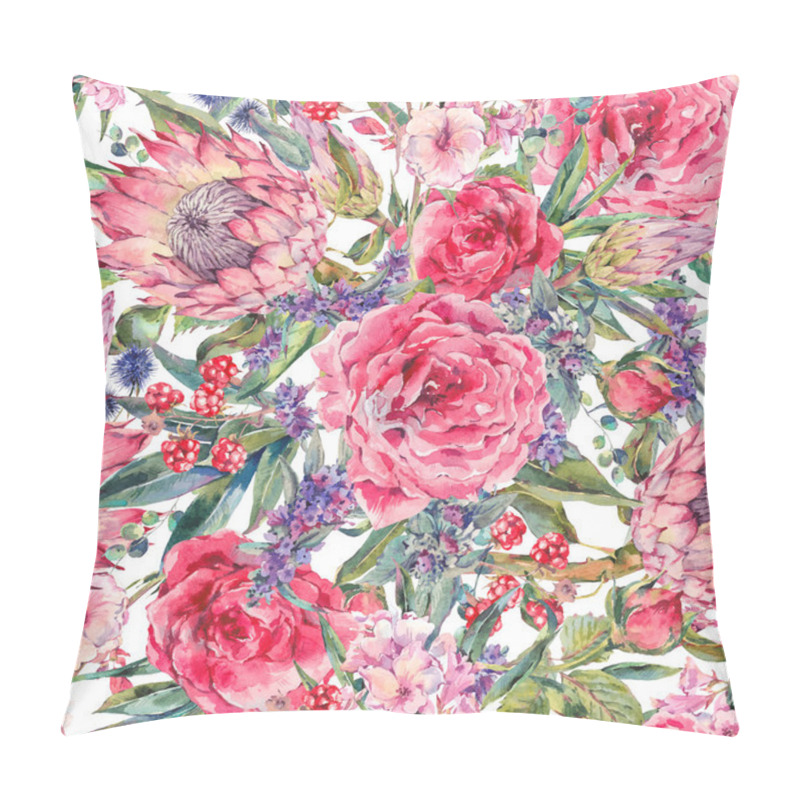 Personality  Watercolor seamless pattern with roses, protea and wildflowers pillow covers
