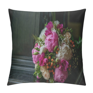 Personality  Beautiful Wedding Bouquet With Large Peonies, Berries And Greenery, Floral Arrangement And Accessory For The Bride's Morning Preparation, Ideas For Florists And Wedding Themes Pillow Covers