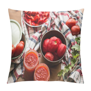 Personality  Tomato Paste On A Wooden Surface With Rustic Tablecloth. Pillow Covers