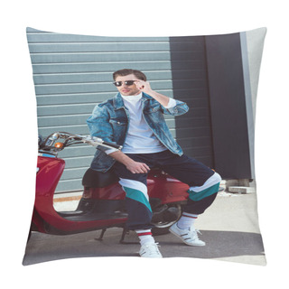 Personality  Handsome Man In Stylish Old School Clothes On Vintage Red Scooter Pillow Covers