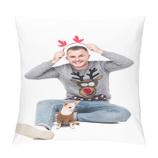 Personality  Happy Man In Putting Festive Deer Horns On Head With Little Chihuahua Dog Near By Isolated On White Pillow Covers