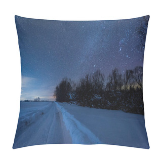 Personality  Starry Dark Sky And Snowy Road In Carpathian Mountains At Night In Winter Pillow Covers