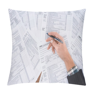 Personality  Partial View Of Man Holding Pen And Filling Tax Forms With Copy Space Pillow Covers