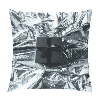 Personality  Top View Of Gift Box With Black Ribbon On Silver Wrapping Paper Backdrop Pillow Covers