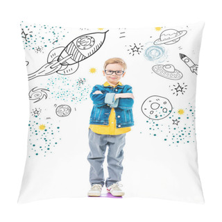 Personality  Pupil With Crossed Arms Standing On Pile Of Books, Isolated On White With Space, Stars And Planets Pillow Covers