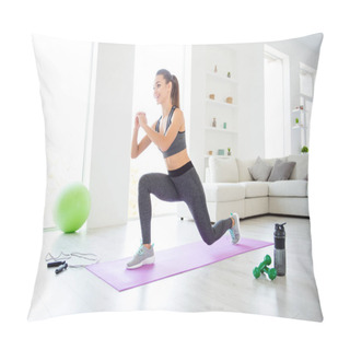 Personality  Preparing For Summer Weekend Holidays! Turned Photo Portrait Of Beautiful Pretty Confident Enduring Lovely Cute Girl Wearing Tight Gray Sporty Sexy Sportive Sport Clothing Doing Squats Pillow Covers