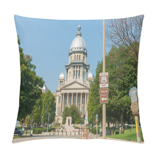 Personality  Springfield, Illinois, USA - September 1 2015;  Illinois State Capitol Building With Of Abraham Lincoln At Entrance And Historic Route 66 Shield Highway Sign On Post. Pillow Covers