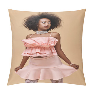 Personality  Pretty Dark Skinned Model With Curly Hair Posing In Pastel Peach Ruffled Top On Beige Background Pillow Covers