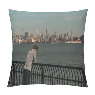 Personality  NEW YORK, USA - OCTOBER 11, 2022: Man Standing On Hudson River Waterfront Walkway At Daytime  Pillow Covers