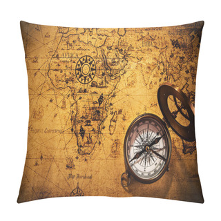 Personality  Top View Of Vintage Navigation Equipment On Old World Map. Pillow Covers