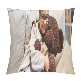 Personality  Happy Girl In Casual Wear And Eyeglasses Hugging Teddy Bear On Sofa In Living Room, Banner Pillow Covers
