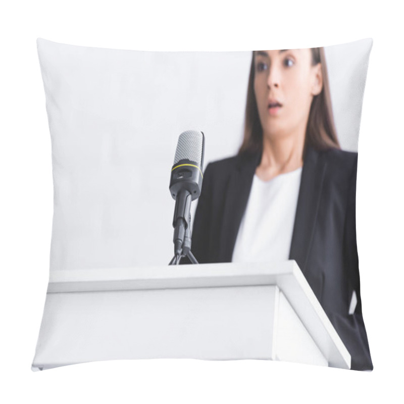 Personality  Selective Focus Of Scared Young Lecturer, Suffering From Fear Of Public Speaking, Standing Near Microphone On Podium Tribune Pillow Covers